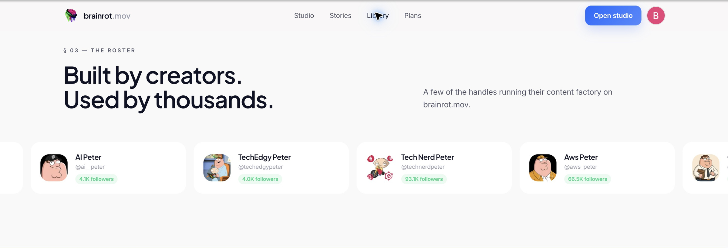 Peter-themed creator examples displayed on the brainrot.mov website