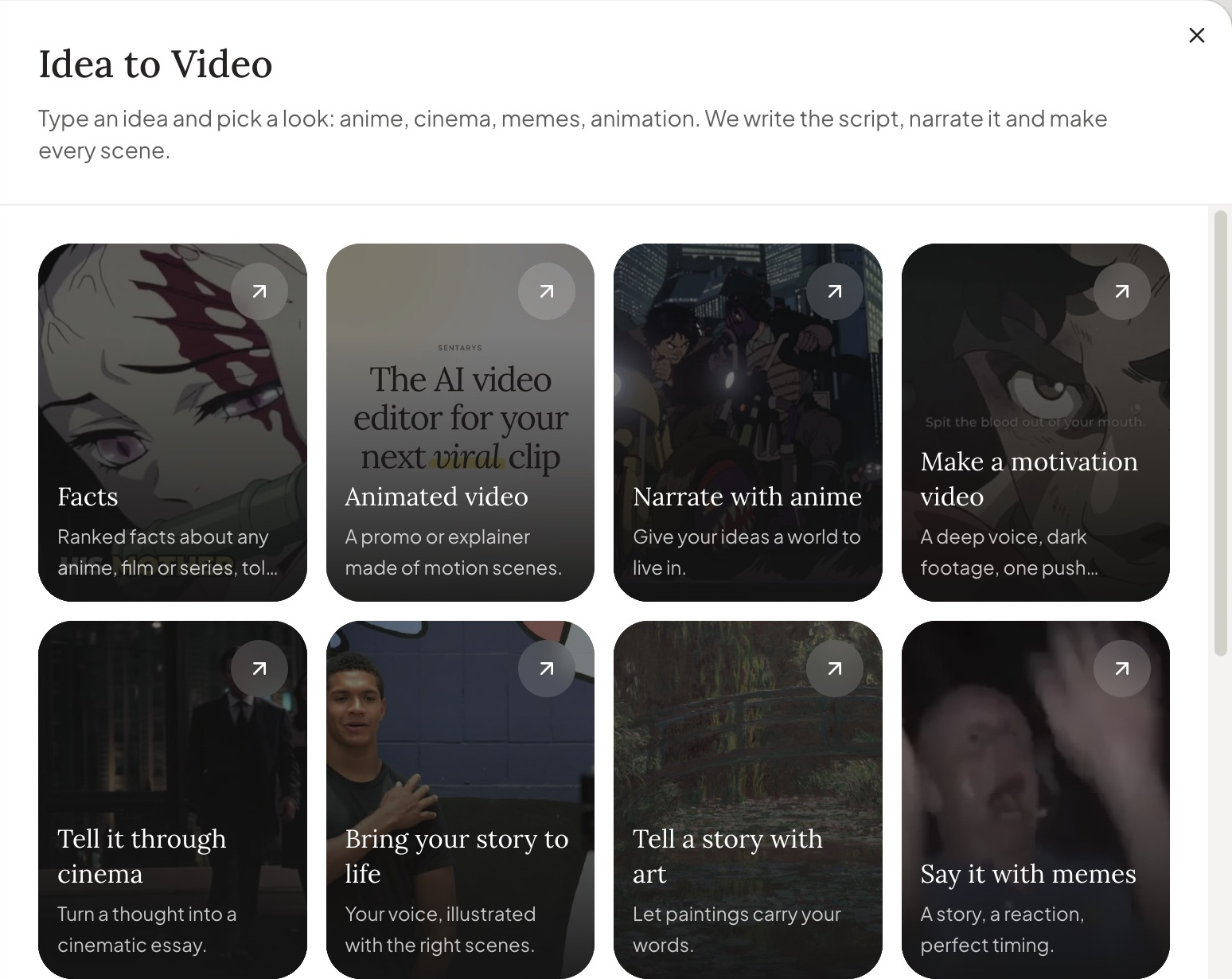 Sentarys Idea to Video templates including Tell it through cinema