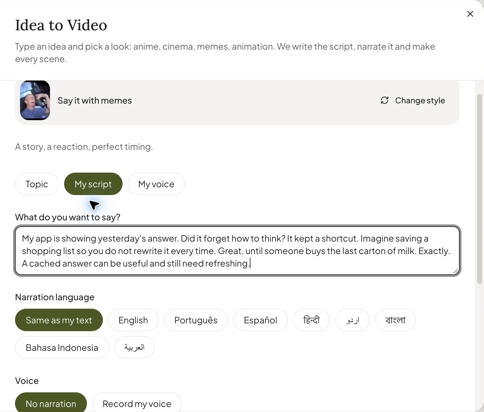 Sentarys Say it with memes creation form with script, voice and material choices
