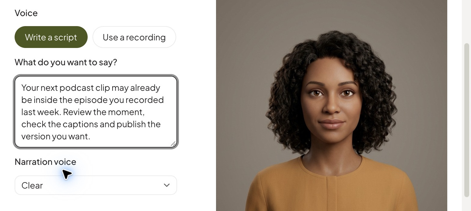 Sentarys presenter script and voice controls beside the presenter preview
