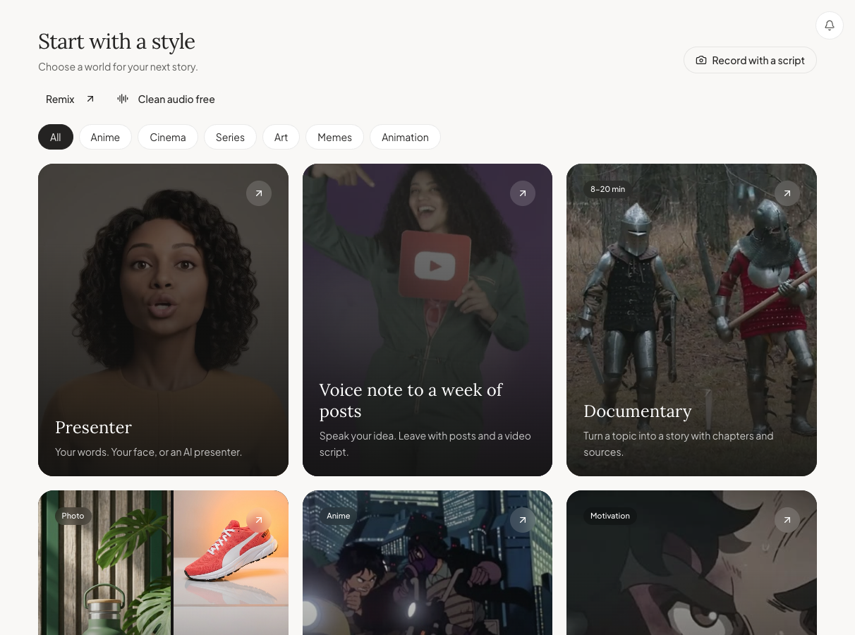 Choose a format and start your next video in Sentarys.