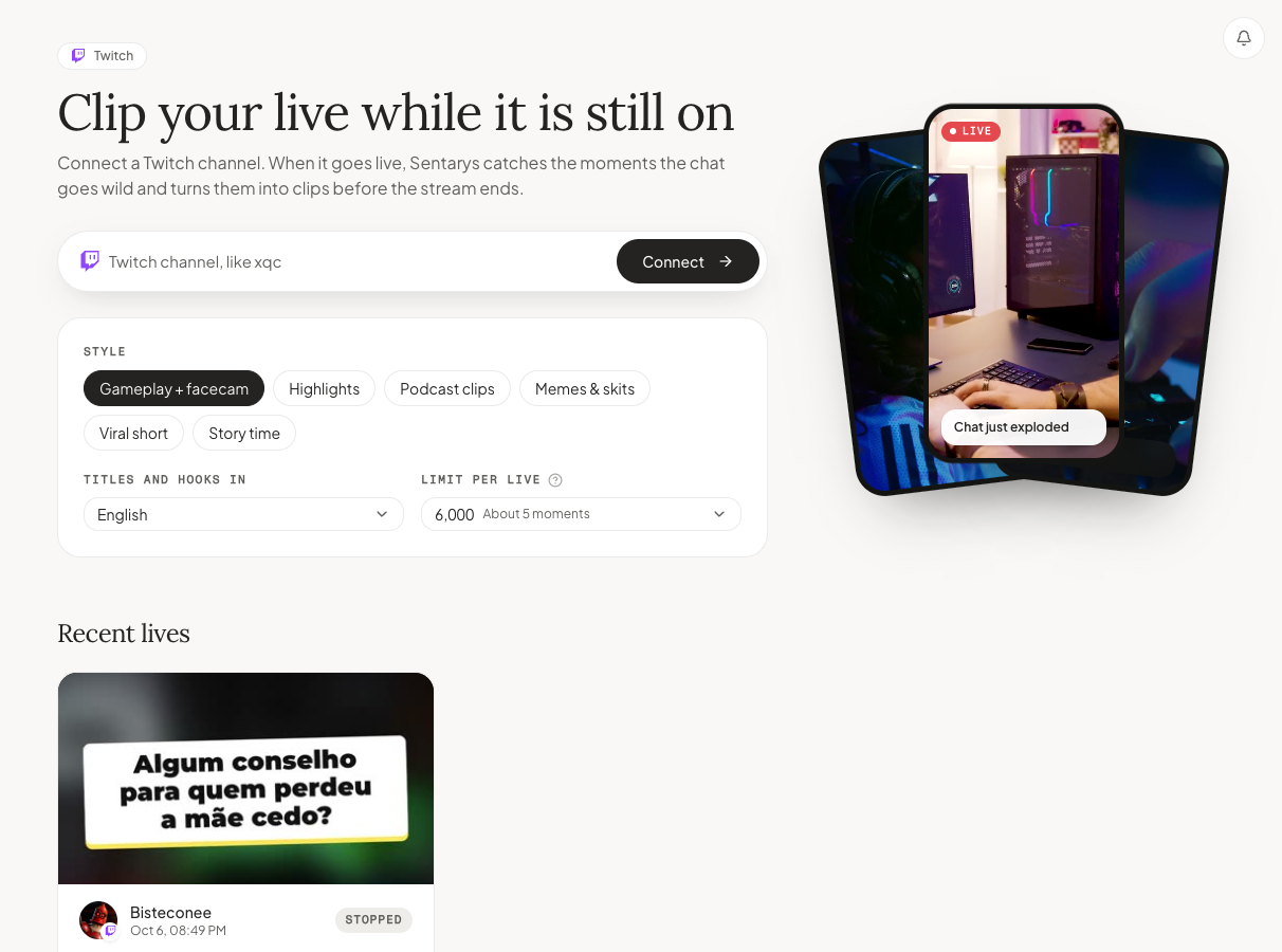 Connect a Twitch channel and choose a clipping style in Sentarys.