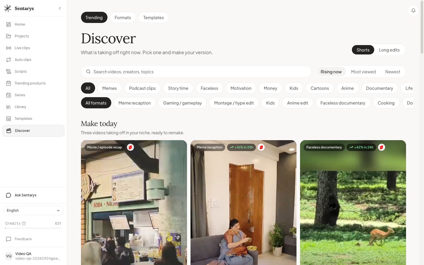 Discover in Sentarys: niche filters, rising videos and references to remake