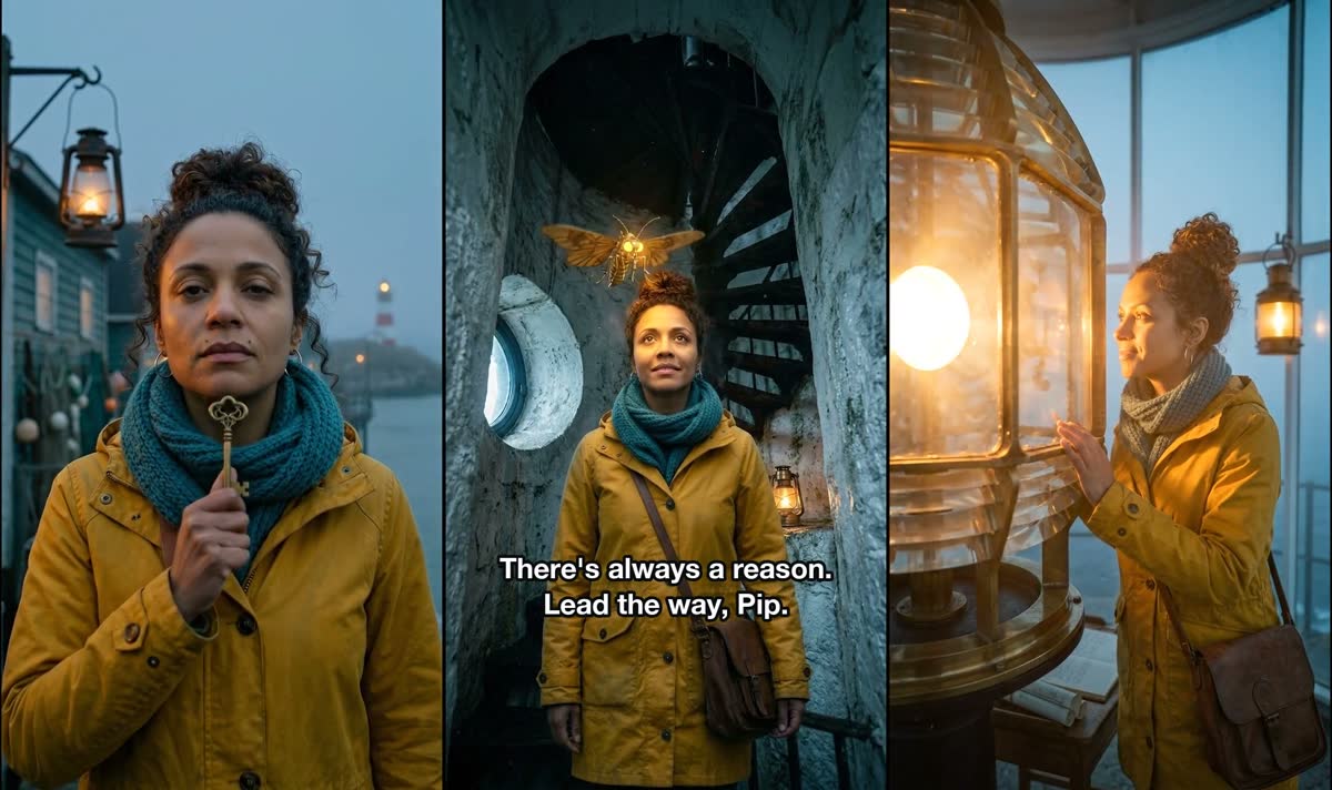 The same character in a mustard raincoat and teal scarf in three episodes: on a boardwalk, in a stairwell with a brass moth, and in a lamp room