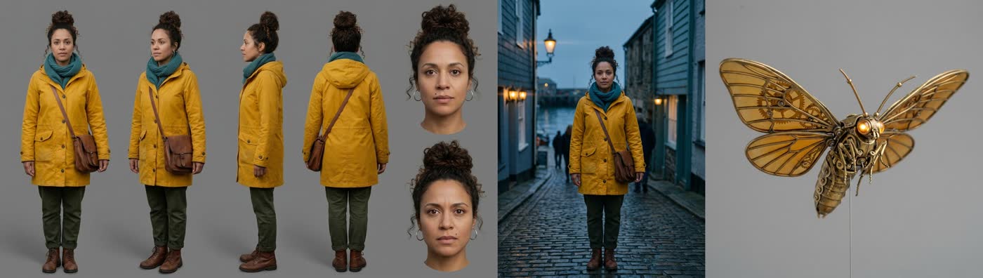 Turnaround sheet of Nora, a hero portrait on a cobbled street and the Pip prop sheet