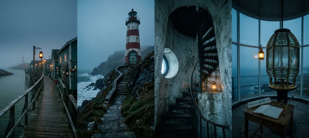 Four location plates: boardwalk, lighthouse path, stairwell and lamp room
